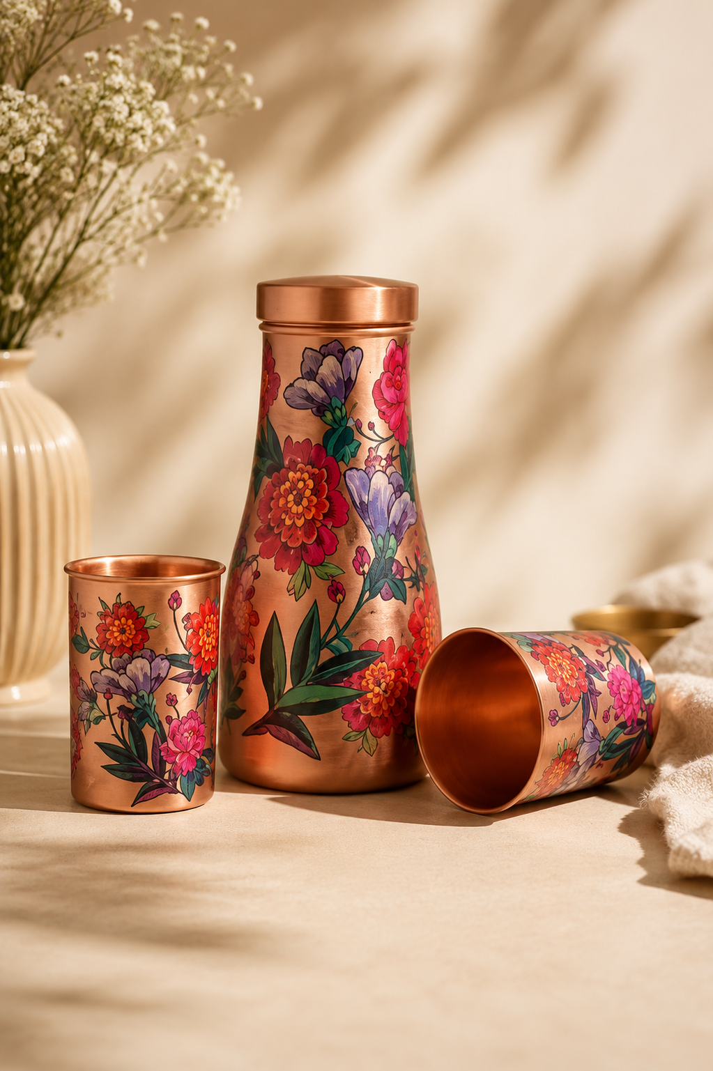 Floral Pure Copper Bottle & Glass Set